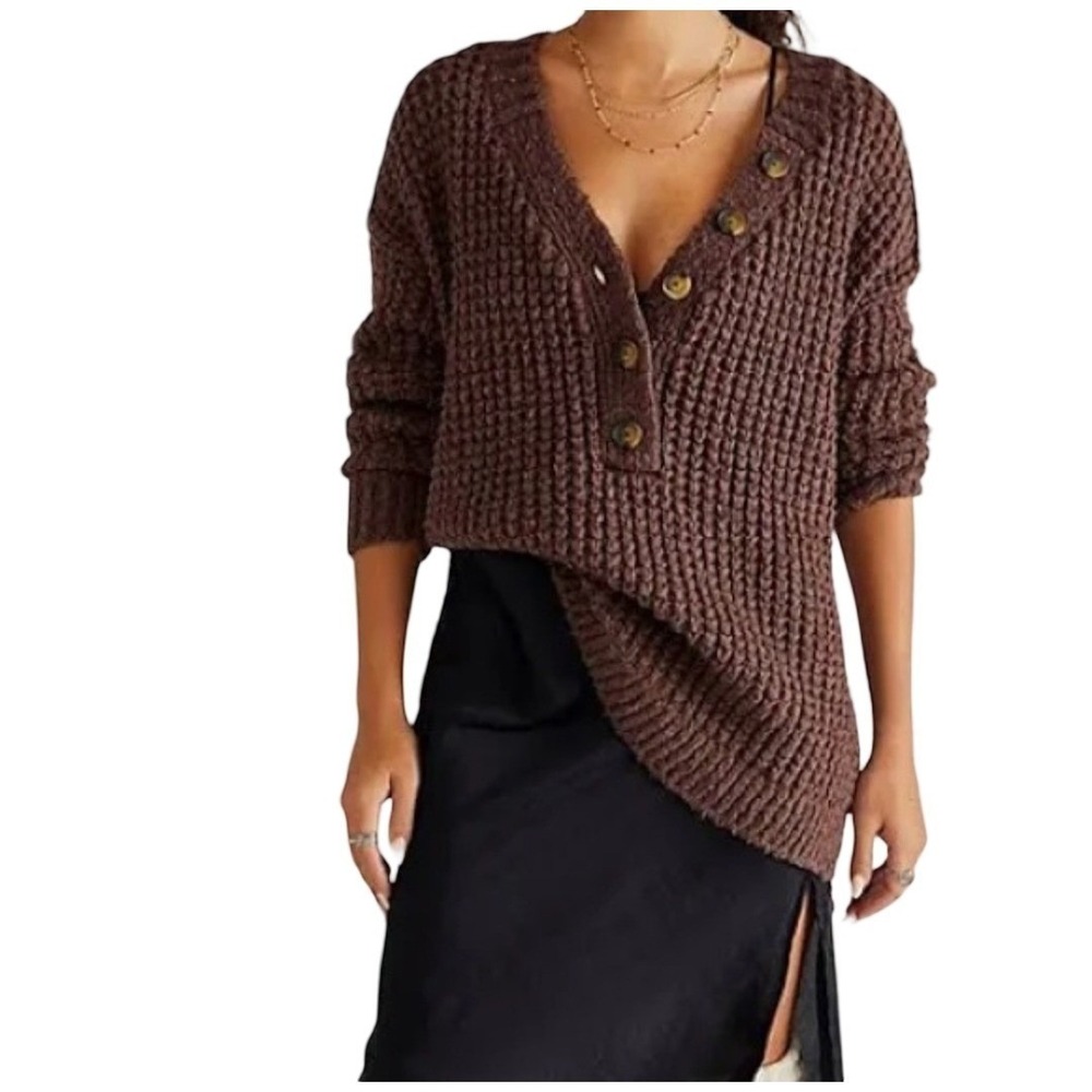 Free People Whistle Thermal Henley Sweater Women Small Brownstone Waffle Knit